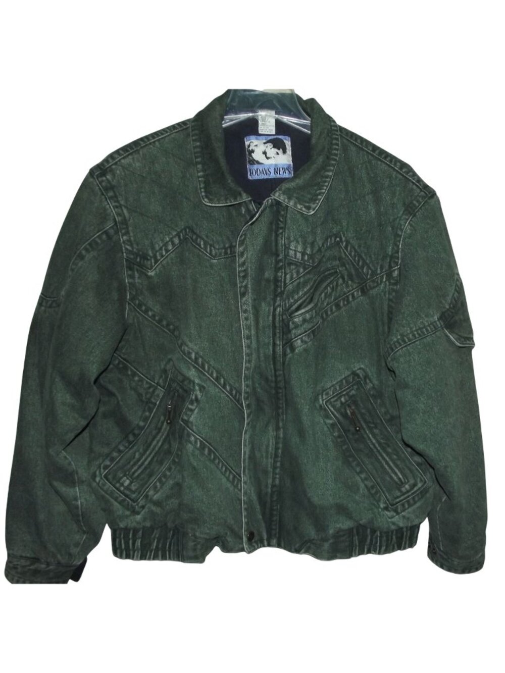 VTG 1980s TODAYS NEWS Jacket Mens XL 46 Acid Washed Green Denim Bomber